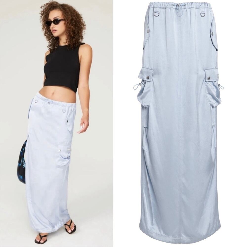 Coperni Cargo Satin Lightweight Maxi Skirt Size 8 Powder Blue Sheen